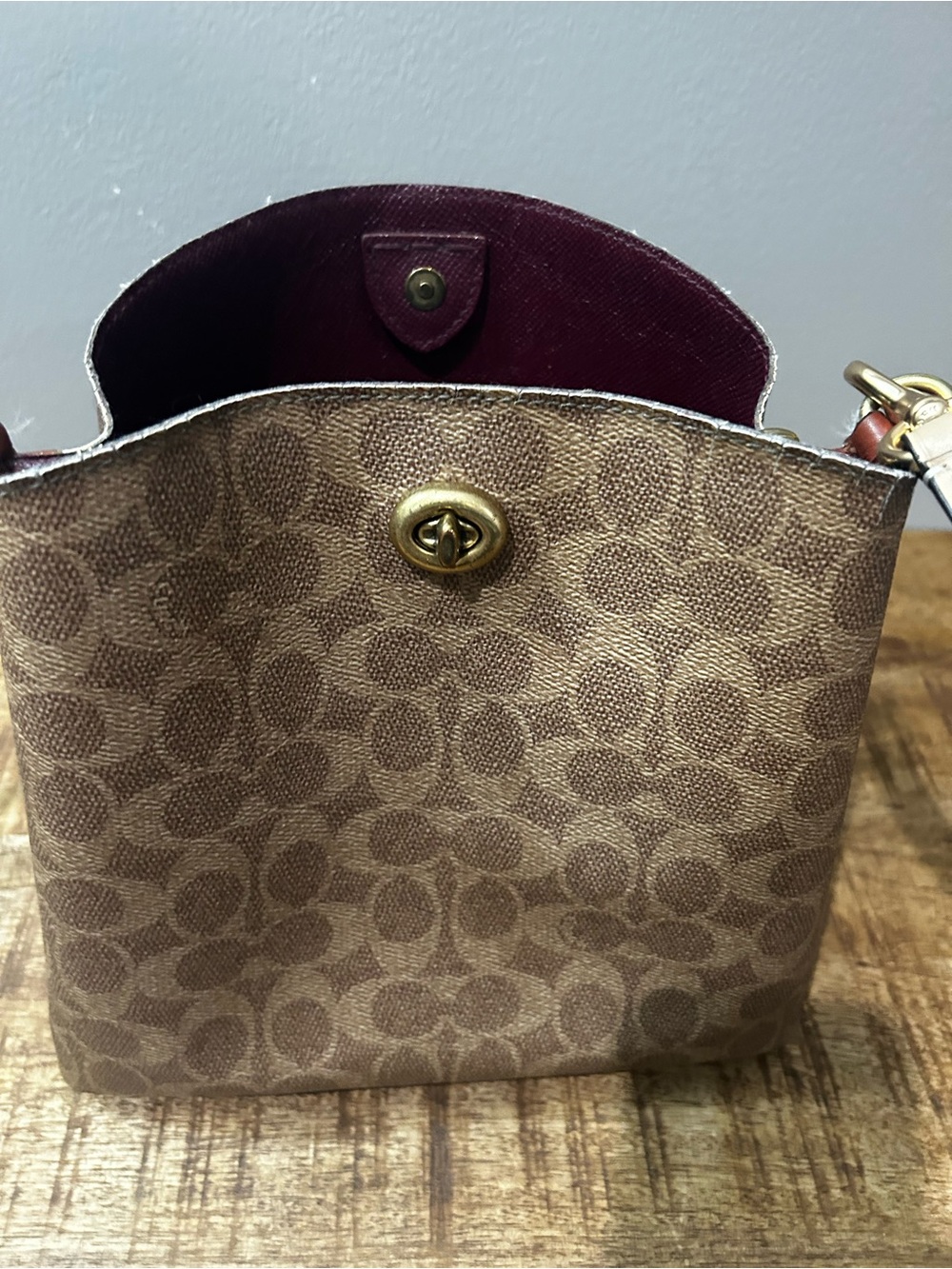 Coach Signature Canvas Shoulder Bag in Brown with Burgundy Interior